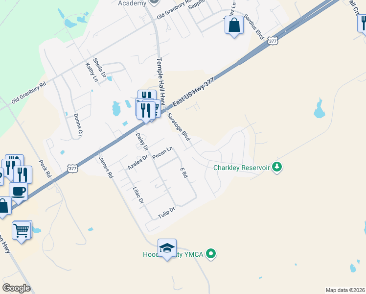 map of restaurants, bars, coffee shops, grocery stores, and more near 201 East Road in Granbury