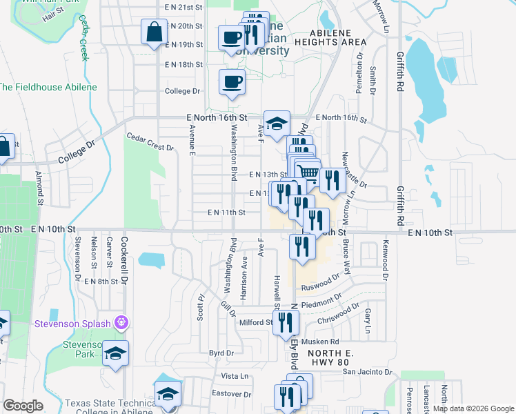 map of restaurants, bars, coffee shops, grocery stores, and more near 901 East North 12th Street in Abilene