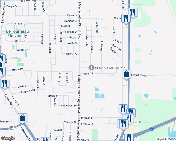 map of restaurants, bars, coffee shops, grocery stores, and more near 1014 Sapphire Street in Longview