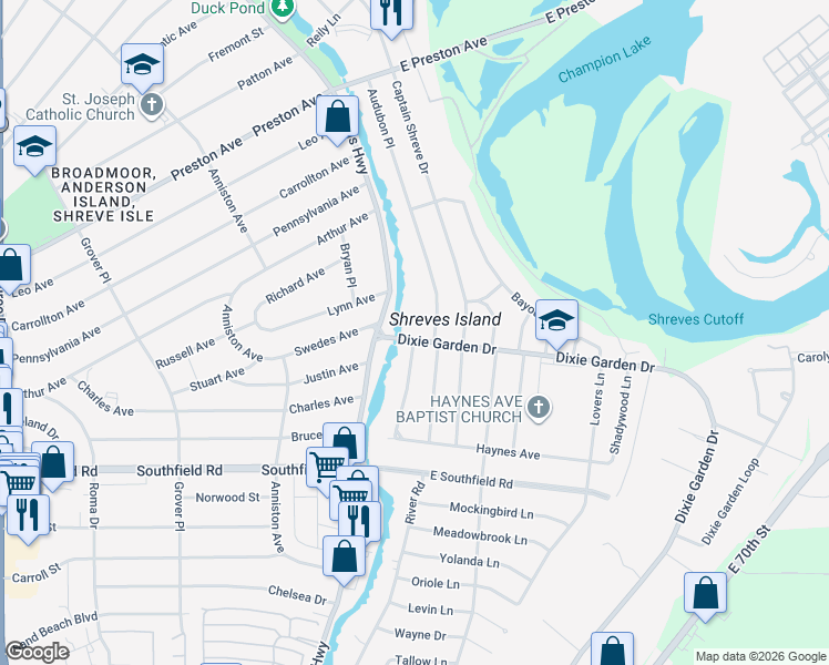 map of restaurants, bars, coffee shops, grocery stores, and more near 1909 East Kings Highway in Shreveport