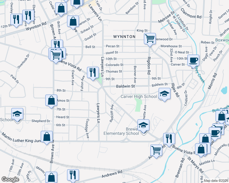 map of restaurants, bars, coffee shops, grocery stores, and more near 2704 Baldwin Street in Columbus
