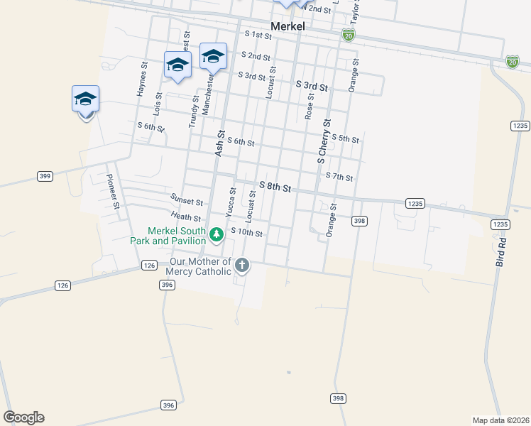 map of restaurants, bars, coffee shops, grocery stores, and more near 816 South Oak Street in Merkel