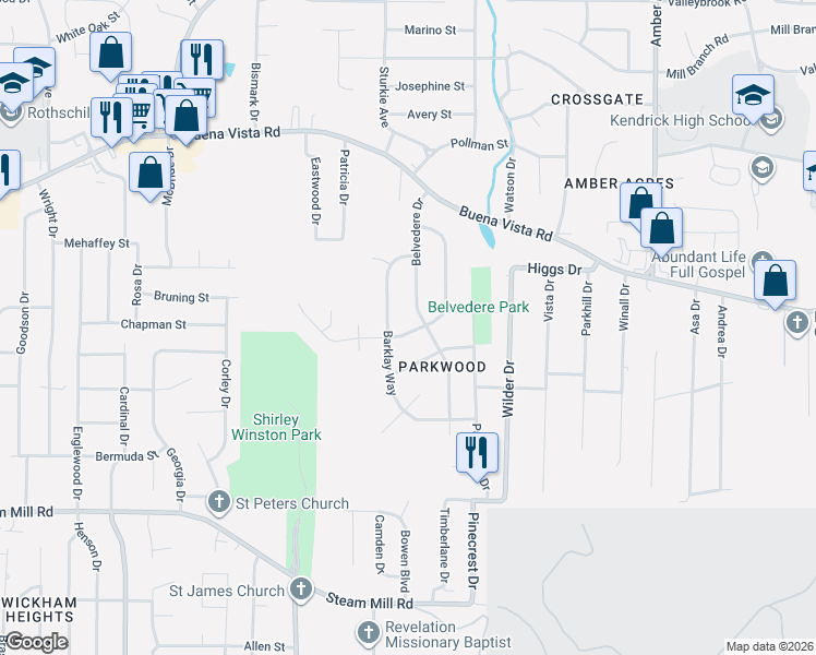 map of restaurants, bars, coffee shops, grocery stores, and more near 812 Belvedere Drive in Columbus