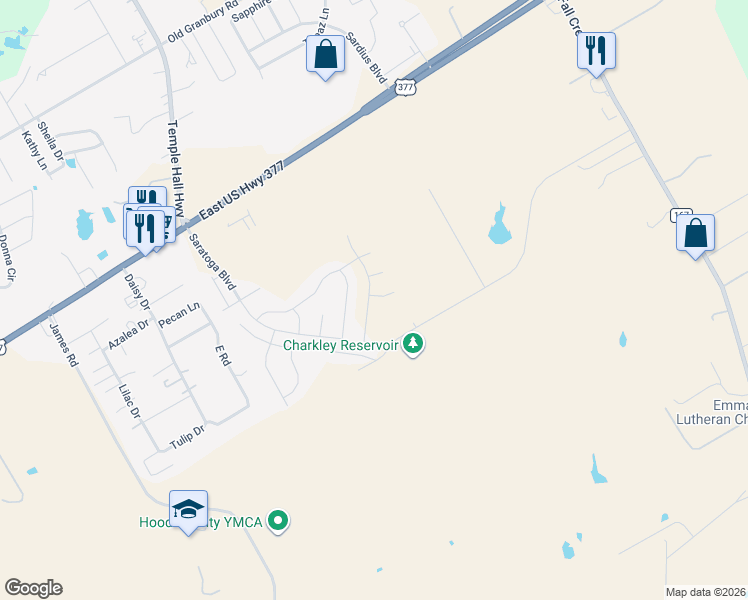 map of restaurants, bars, coffee shops, grocery stores, and more near 4805 East Highway 377 in Granbury