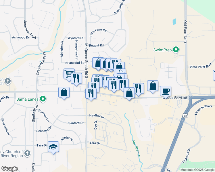 map of restaurants, bars, coffee shops, grocery stores, and more near 1917 Cobbs Ford Rd in Prattville