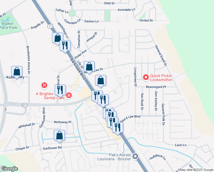 map of restaurants, bars, coffee shops, grocery stores, and more near 1907 Alfred Lane in Bossier City