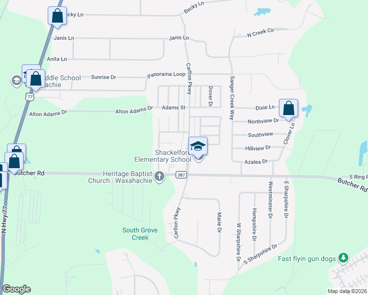 map of restaurants, bars, coffee shops, grocery stores, and more near 3017 Carlton Parkway in Waxahachie