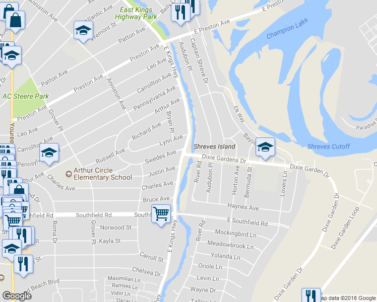 map of restaurants, bars, coffee shops, grocery stores, and more near 1909 East Kings Highway in Shreveport