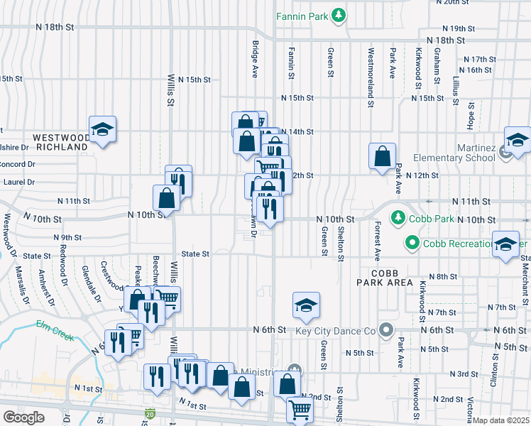 map of restaurants, bars, coffee shops, grocery stores, and more near 1017 Woodlawn Drive in Abilene