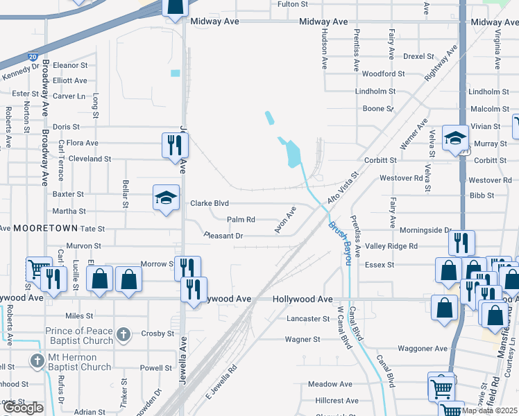 map of restaurants, bars, coffee shops, grocery stores, and more near 3420 Clarke Boulevard in Shreveport