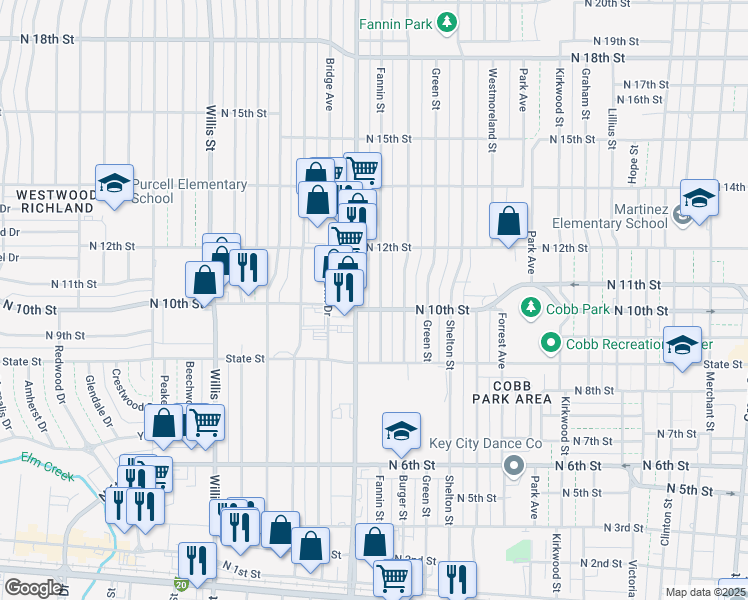 map of restaurants, bars, coffee shops, grocery stores, and more near 1010 Fannin Street in Abilene