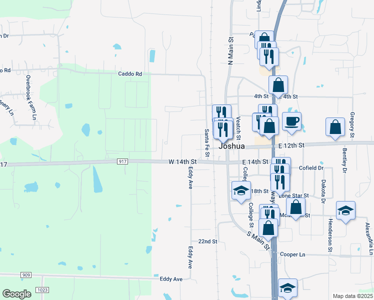 map of restaurants, bars, coffee shops, grocery stores, and more near 116 Avenue F in Joshua