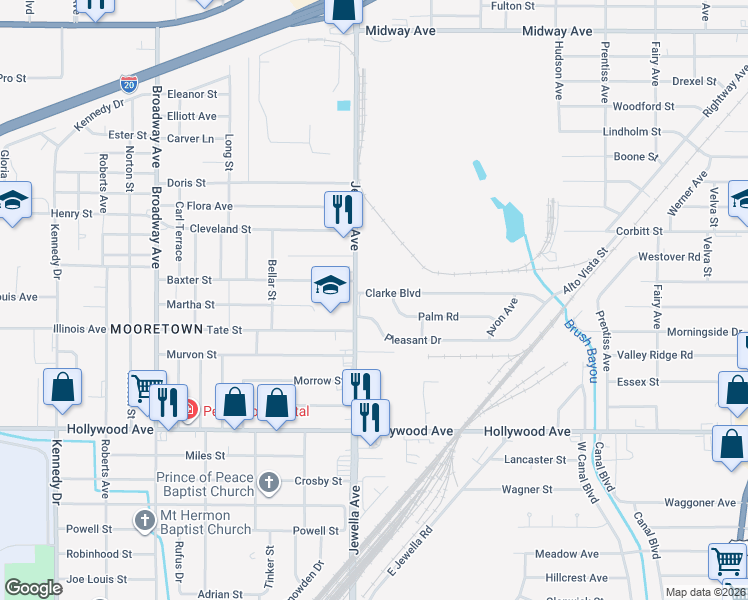 map of restaurants, bars, coffee shops, grocery stores, and more near 3533 Clarke Boulevard in Shreveport