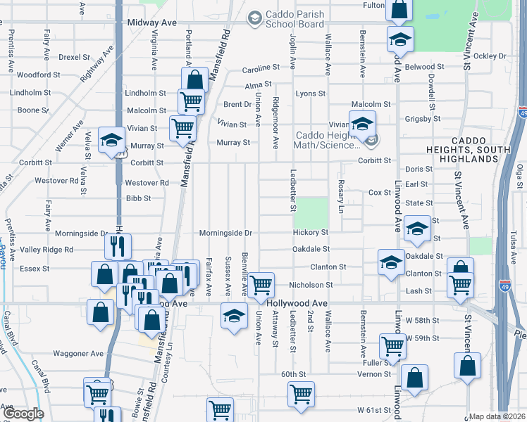 map of restaurants, bars, coffee shops, grocery stores, and more near 1947 Earl Street in Shreveport