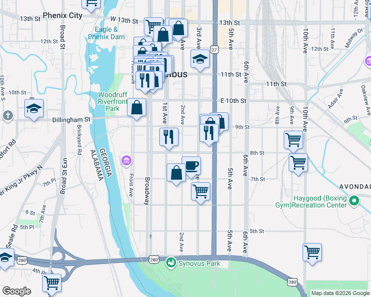 map of restaurants, bars, coffee shops, grocery stores, and more near 812 2nd Avenue in Columbus
