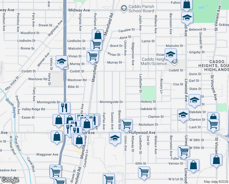 map of restaurants, bars, coffee shops, grocery stores, and more near 5320 Bienville Avenue in Shreveport