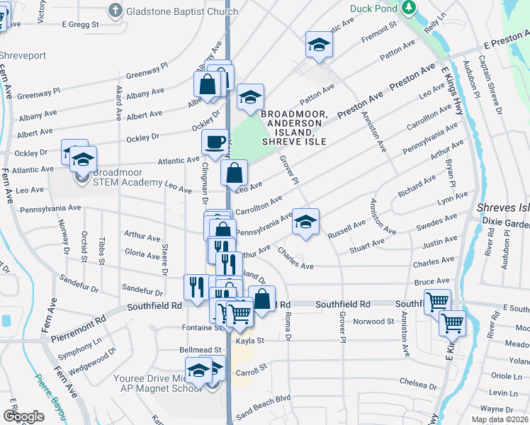 map of restaurants, bars, coffee shops, grocery stores, and more near 281 Carrollton Avenue in Shreveport