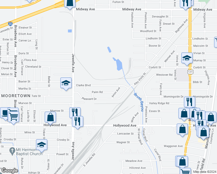 map of restaurants, bars, coffee shops, grocery stores, and more near 3419 Clarke Boulevard in Shreveport