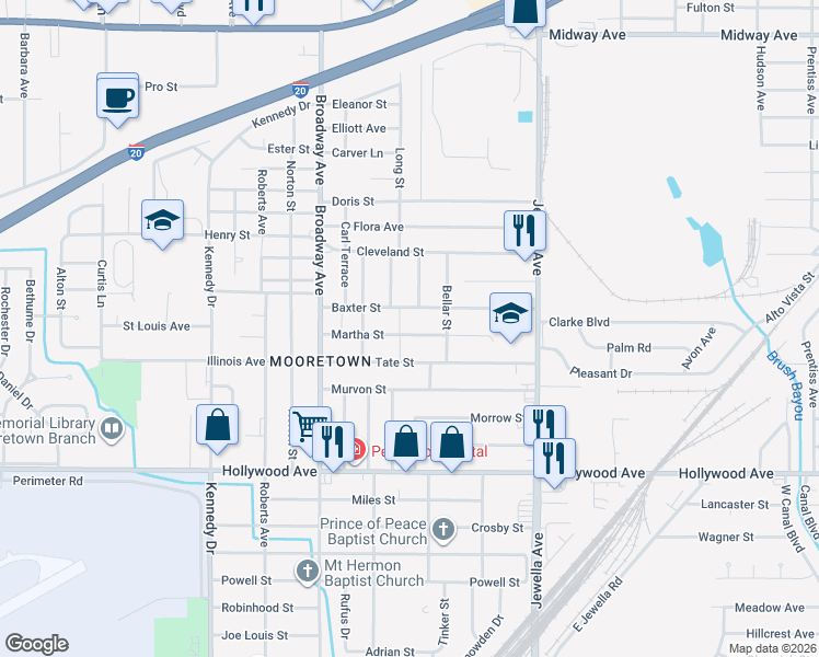map of restaurants, bars, coffee shops, grocery stores, and more near 3924 Martha Street in Shreveport