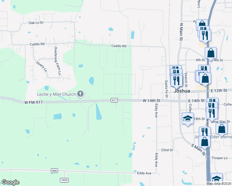 map of restaurants, bars, coffee shops, grocery stores, and more near 804 Farm to Market Road 917 in Joshua