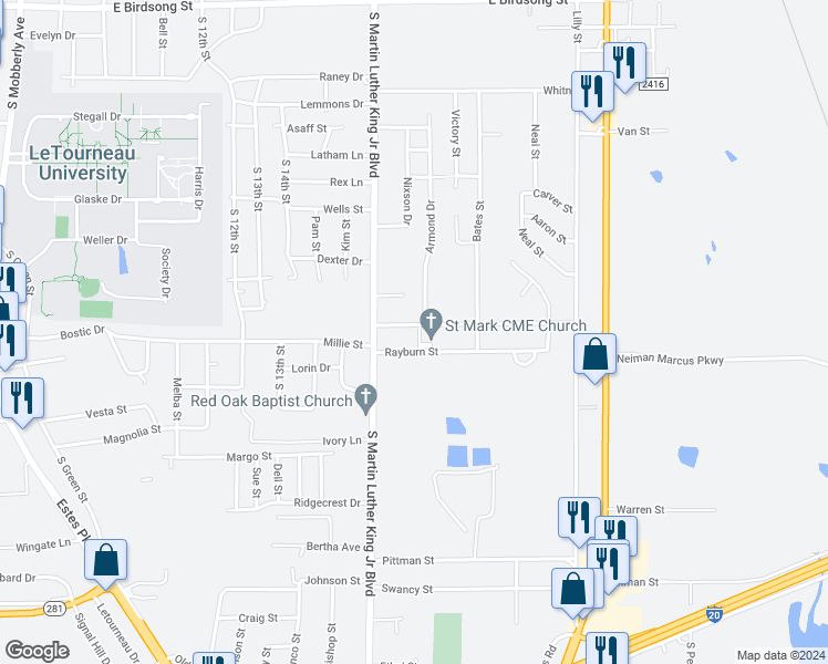 map of restaurants, bars, coffee shops, grocery stores, and more near 1014 Sapphire Street in Longview