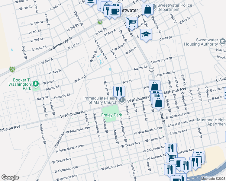 map of restaurants, bars, coffee shops, grocery stores, and more near 705 Sam Houston Street in Sweetwater