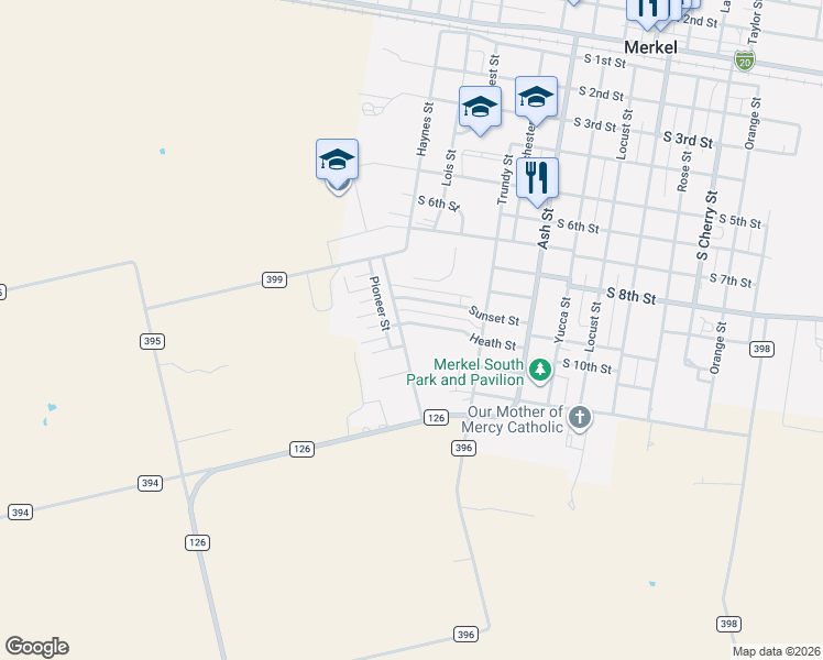 map of restaurants, bars, coffee shops, grocery stores, and more near 1521 Heath Street in Merkel