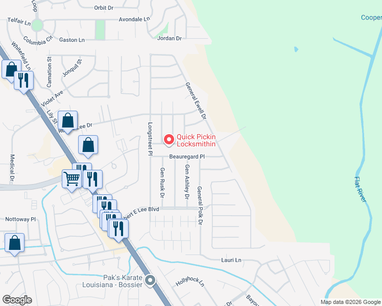 map of restaurants, bars, coffee shops, grocery stores, and more near 2127 Beauregard Place in Bossier City