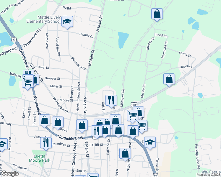 map of restaurants, bars, coffee shops, grocery stores, and more near 17 Overland Street in Statesboro