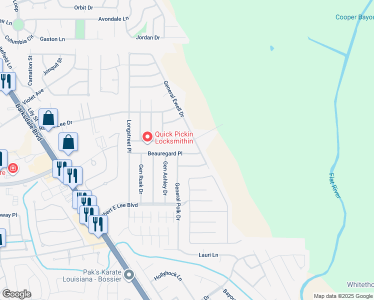 map of restaurants, bars, coffee shops, grocery stores, and more near 2207 Beauregard Place in Bossier City