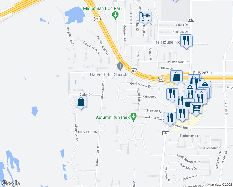 map of restaurants, bars, coffee shops, grocery stores, and more near 2029 Wild Turkey Drive in Midlothian