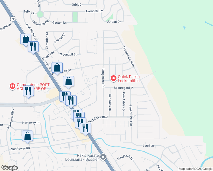 map of restaurants, bars, coffee shops, grocery stores, and more near 2103 Beauregard Pl in Bossier City