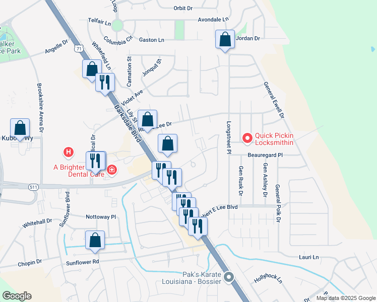 map of restaurants, bars, coffee shops, grocery stores, and more near 1907 Alfred Ln in Bossier City
