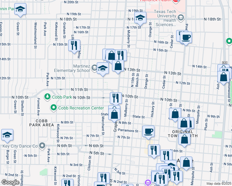 map of restaurants, bars, coffee shops, grocery stores, and more near 1026 Grape Street in Abilene