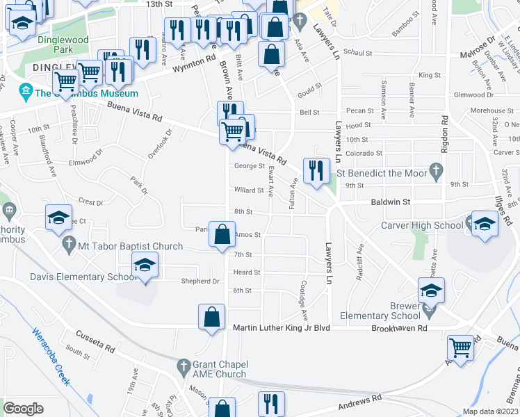 map of restaurants, bars, coffee shops, grocery stores, and more near 2217 8th Street in Columbus