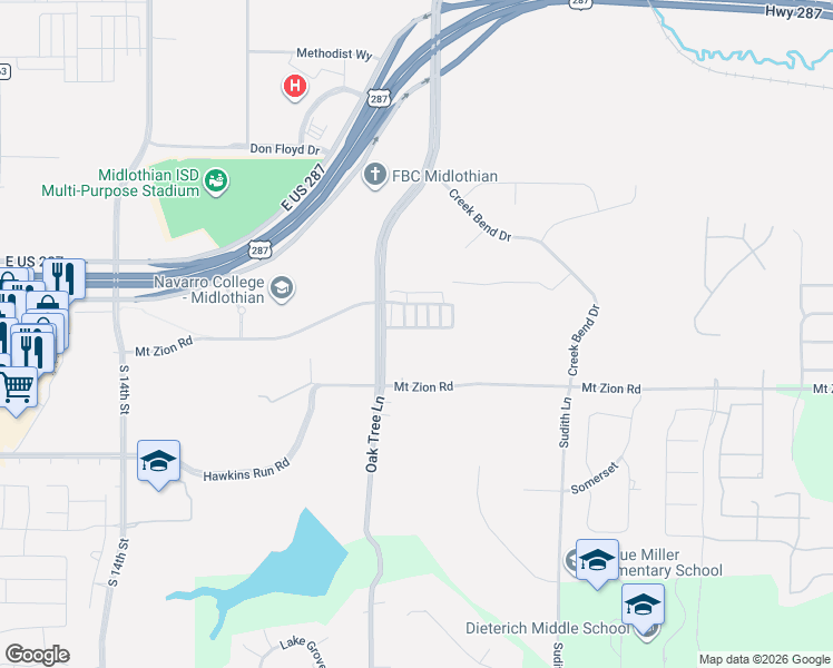 map of restaurants, bars, coffee shops, grocery stores, and more near 1421 Mount Zion Road in Midlothian