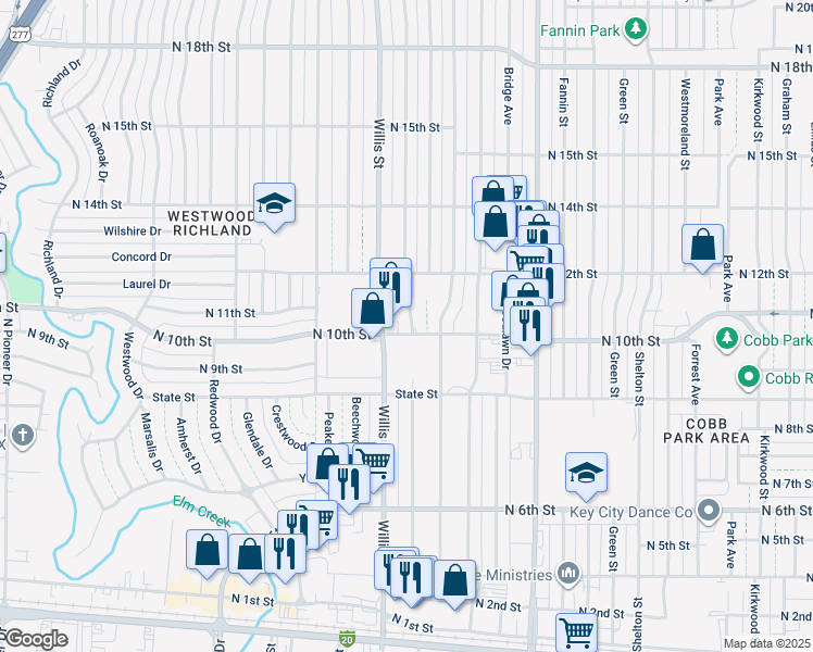 map of restaurants, bars, coffee shops, grocery stores, and more near 3382 N 10th St in Abilene
