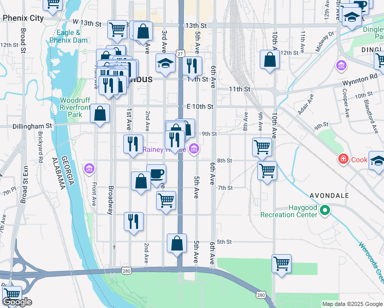 map of restaurants, bars, coffee shops, grocery stores, and more near 805 5th Avenue in Columbus