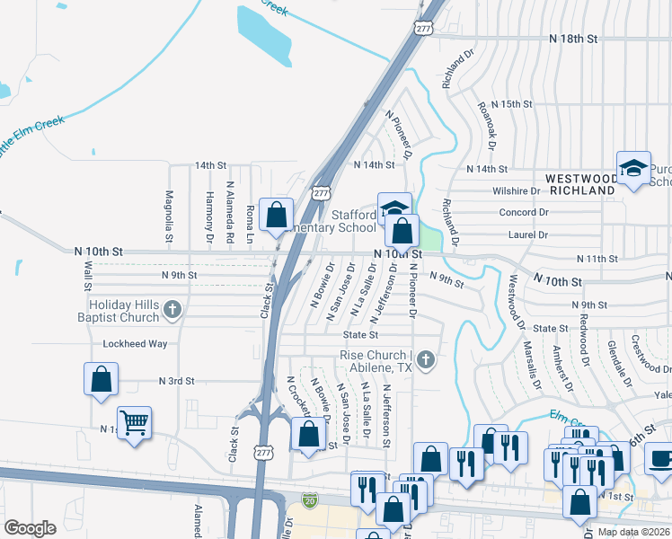 map of restaurants, bars, coffee shops, grocery stores, and more near 974 North Bowie Drive in Abilene