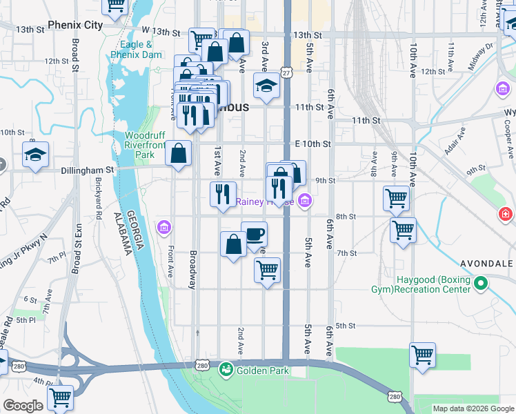 map of restaurants, bars, coffee shops, grocery stores, and more near 812 2nd Avenue in Columbus