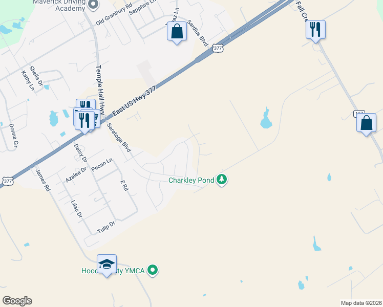 map of restaurants, bars, coffee shops, grocery stores, and more near Ruffian Road in Granbury