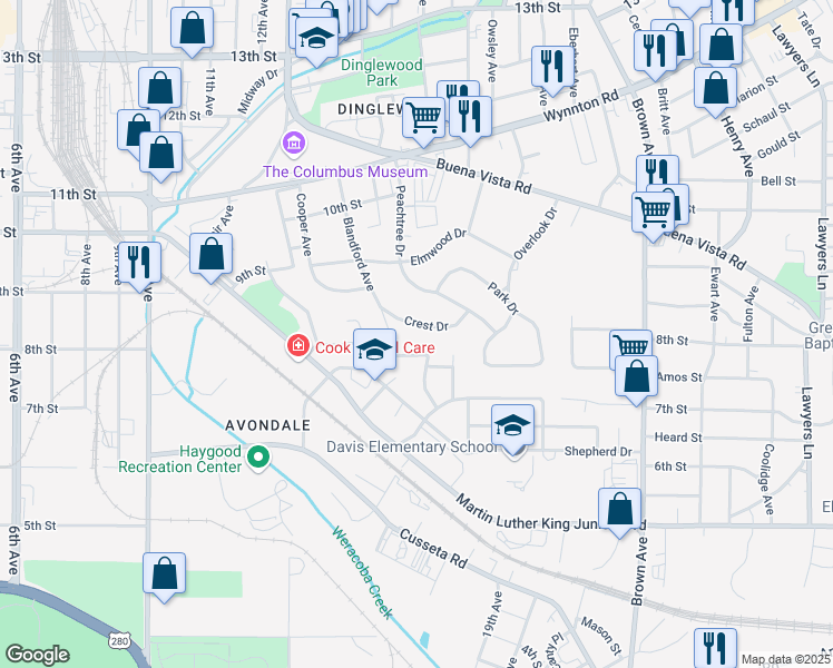 map of restaurants, bars, coffee shops, grocery stores, and more near 1530 Crest Drive in Columbus