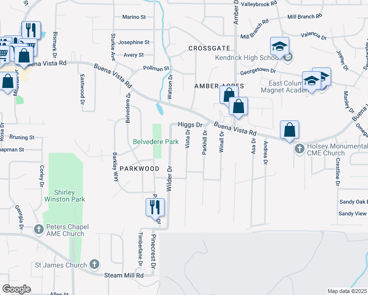 map of restaurants, bars, coffee shops, grocery stores, and more near 807 Vista Drive in Columbus