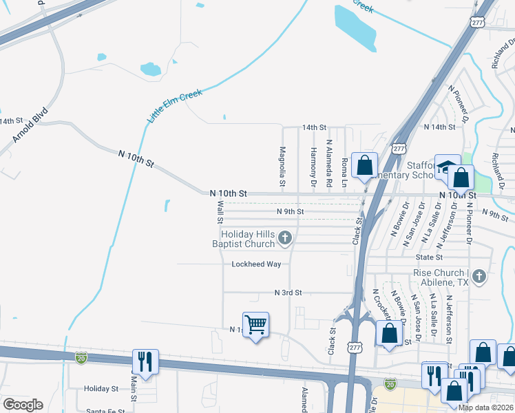 map of restaurants, bars, coffee shops, grocery stores, and more near 5434 N 9th St in Abilene