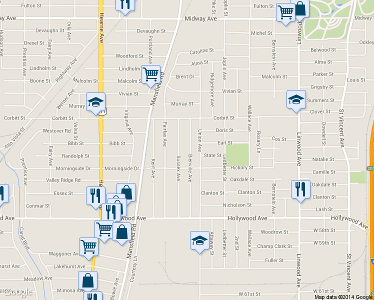 map of restaurants, bars, coffee shops, grocery stores, and more near 5320 Bienville Avenue in Shreveport