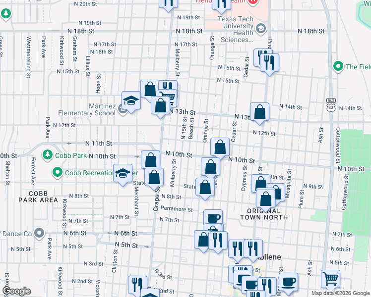 map of restaurants, bars, coffee shops, grocery stores, and more near 1026 Beech Street in Abilene