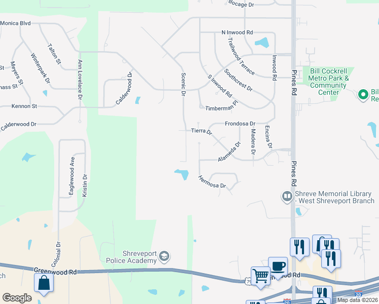 map of restaurants, bars, coffee shops, grocery stores, and more near 4215 Scenic Drive in Shreveport