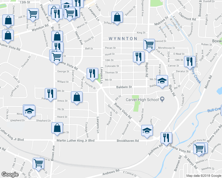 map of restaurants, bars, coffee shops, grocery stores, and more near 2704 Baldwin Street in Columbus