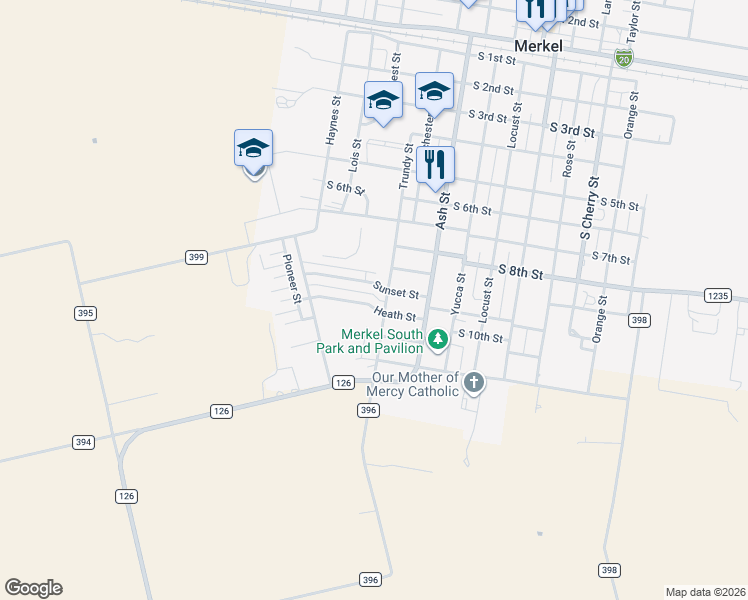 map of restaurants, bars, coffee shops, grocery stores, and more near 1502 Heath Street in Merkel