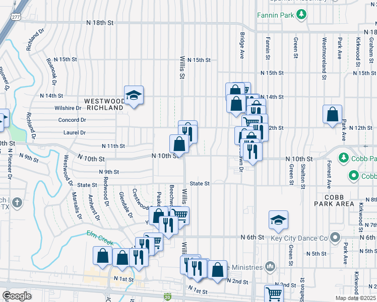 map of restaurants, bars, coffee shops, grocery stores, and more near 3382 North 10th Street in Abilene